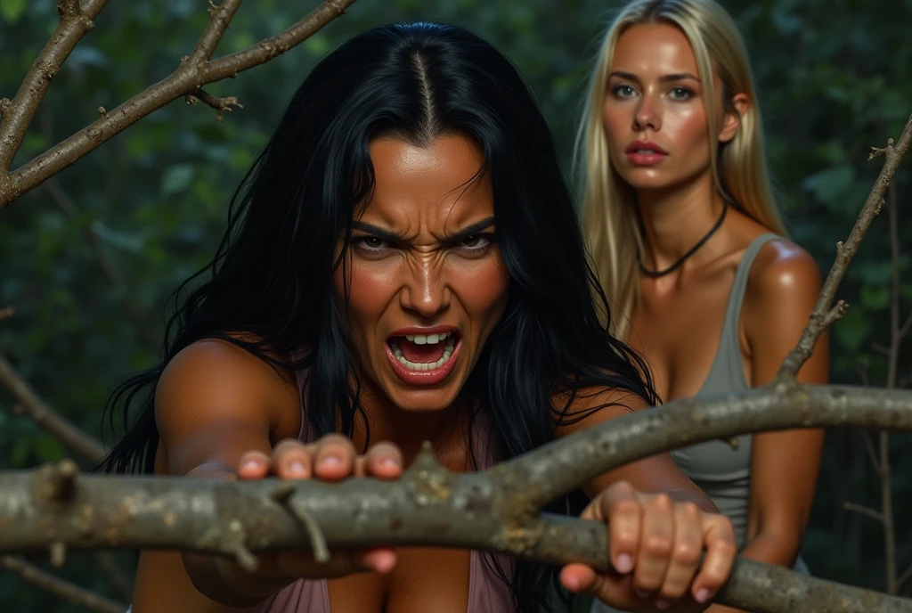 8k, A woman crawling on the ground in the forest. (1woman). High resolution, real looking skin, real skin pores, moles on skin, Horror, very long black hair, (photorealistic), wearing a dirty gown, eerily distorted face, Tonal color scheme, very scared expression, mystery, Crazy look, In the style of Denis Villeneuve, grudge, Grievances, cleavage, Crawling to the ground, detailed background, Middle-aged woman, Lies down and looks up, reaching out her hands, Wide open mouth, shouting and screaming, fear, Female in her 40s, mybeauties