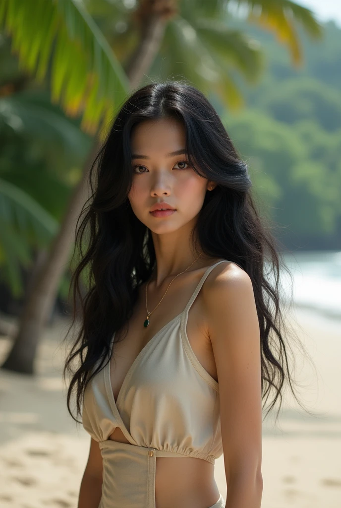 leaning against a wall, LAUGHING, full-body photo of A Filipino-korean young womAn, medieval, BEAUTIFUL Filipino-korean pale womAn, long black hair, pale skin, beach attire with colorful details, simple tattered beach outfit, bead necklaces and bracelets, grown heavy round chest, funny suspicious stare, cinematic shot, realistic photography.