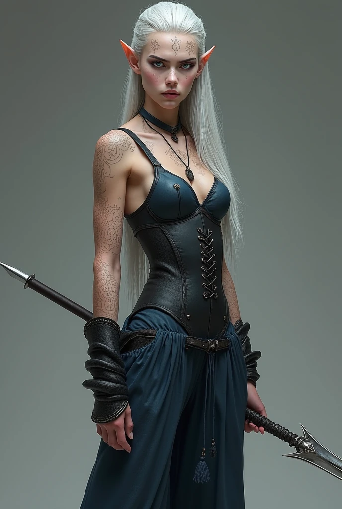 1girl, weapon, tattoo, sword, solo, breasts, katana, looking_at_viewer, long_hair, jewelry, hair_ornament, holding_weapon, arm_tattoo, holding, piercing, black_nails, ear_piercing, earrings, grey_eyes, cleavage, facial_tattoo, holding_sword, white_hair, back_tattoo, bare_shoulders, flower, necklace, from_side, mole, medium_breasts, lips, gloves