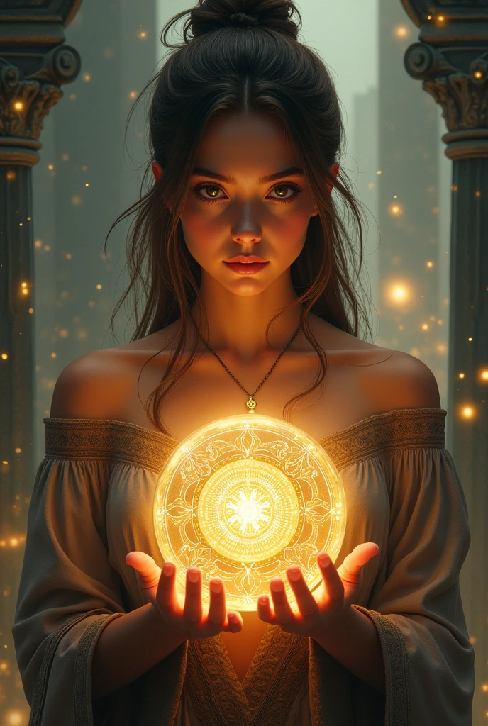 Emily is a 16-year-old with dark brown hair, usually stuck in a bun or ponytail  holding orb