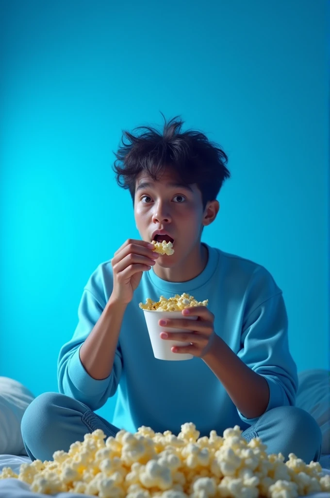 A boy eating popcorn watching a movie