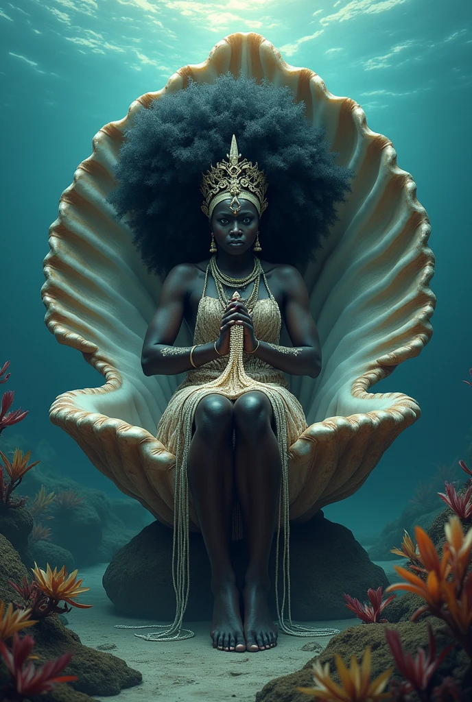 tiro de corpo inteiro, Estilo de filme de 1980, (gordura) corpo, moda afrofuturismo, moda, mulher grossa, uma rainha cobra africana usando um vestido tradicional africano sentada em um ((Trono de cobra no rio)), gordura, Detalhes africanos, ((cara bonita)), white and pink aesthetic, ((conchas do mar cauri)), luxo, Colares, ((Fundo do rio:1.5)), orisha, jewelry made from sea shells, design de arte digital, circunstanciado, dramatic lighting, fotorrealista, trending on ArtStation, textura de pele realista