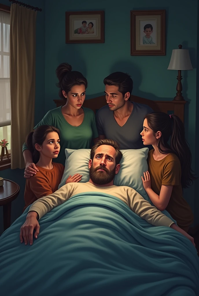Man waking up from a nightmare scared, his children and wife calm him down