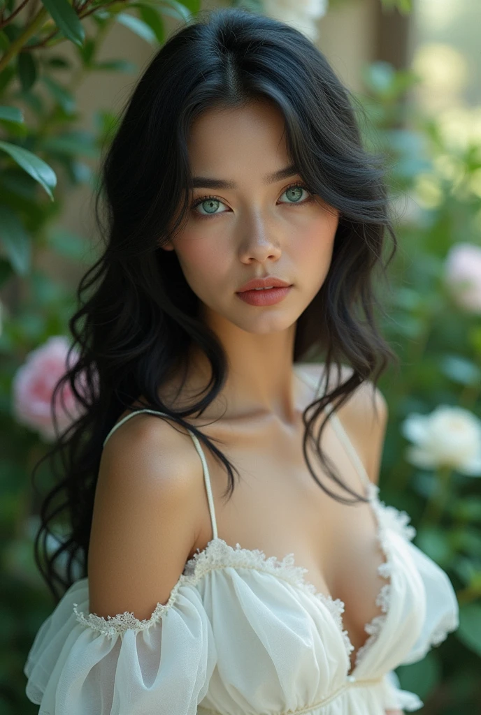 Long black hair girl with bangs and long front locks, blue eyes, pale skin, huge breasts, eating strawberries in a garden, {{Close up photo, with very small and simple daisy earrings on her ears, and a simple and common necklace of pearls. with a long pink dress, and a hat, cleavage, thigh, short skirt, sexy