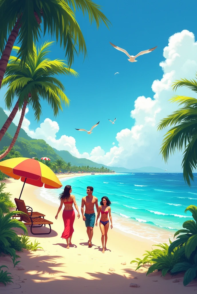 Hey man sitting on the beach and his wife and his girlfriend