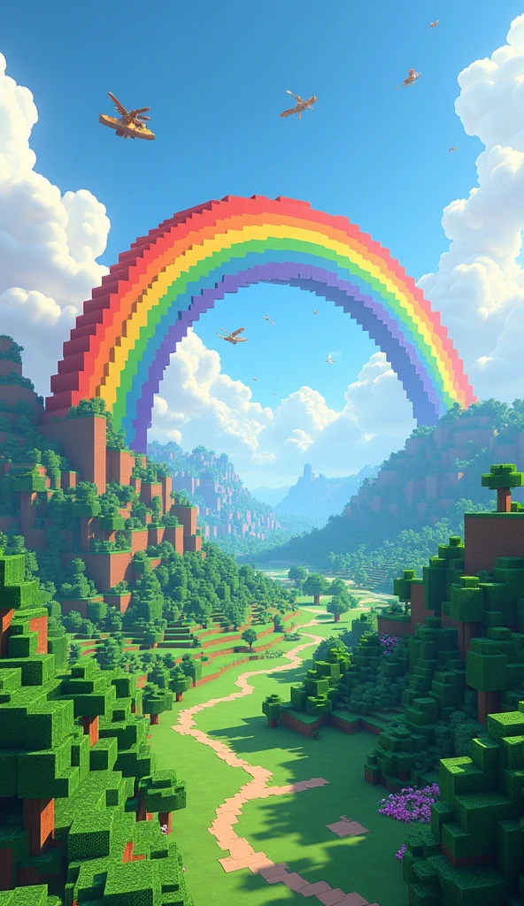 Rainbow in Minecraft,green landscape,cubes,is