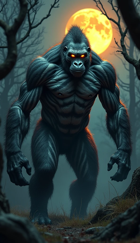 A terrifying hybrid creature combining  musculoso a gorilla and a zebra. The creature has the muscular and imposing body of a gorilla, covered in braided fur with the characteristic black and white stripes of a zebra. Its glowing yellow eyes pierce through the darkness, exuding an aura of raw power and menace. The setting is a dark, ominous night under a copper-hued moon, with twisted, gnarled trees surrounding the creature. The atmosphere is eerie and foreboding, emphasizing the creature's monstrous and surreal nature." Todo coberto por pelo de zebra  ultra realismo 8k cinematográfico 