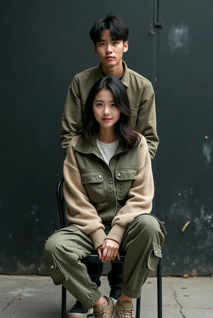 A pair of young Indonesian men and women, bright black hair, wearing a black t-shirt and white leather jacket. long cargo pants,pose,looking at the camera, white sneakers, sitting on a bench in a city park. I&#39;m drinking iced boba cappuccino.Realistic original photo Realism, 
