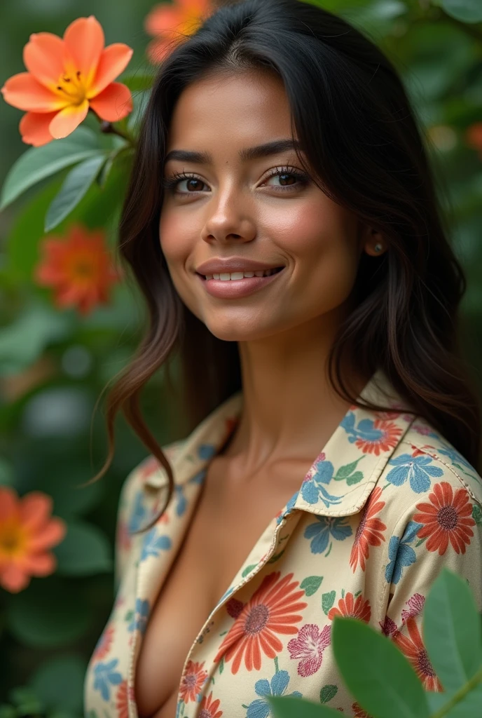 A Brazilian woman in a lush tropical garden, wearing an open shirt with a floral print, with a close-up capturing the harmonious beauty between her breasts and the natural flowers, showing off your natural charm and outgoing personality.