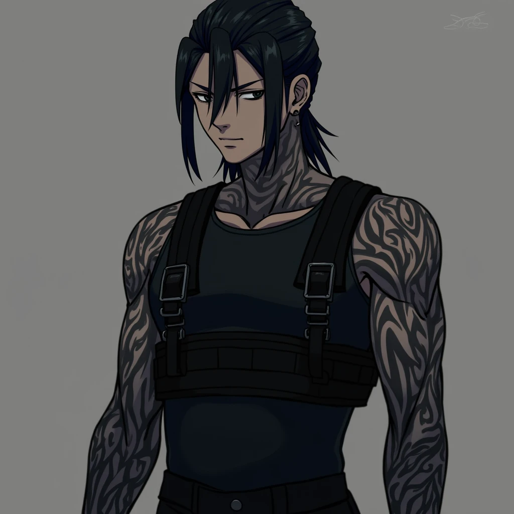 Solo, 1boy, High Resolution, Anime, Cinematic, Cinematic Lighting, Image Fill, 6'3, Long hair is slicked back at the top has 2 bangs hanging over the face, black sclera, white pupils, lean-yet-muscular has heavily scar, twisted fenrir wolf mark tattoos on both sides of the neck transition in wolf-like body wrapping down shoulders, arms, and forearms.wear a dark, protective suit made of a stretchy fabric that looks like hard fabric, a Black tactical vest, Condor black H-Harness, Black SWAT belt, rubber knife sheath, leg holster, & black combat boots.