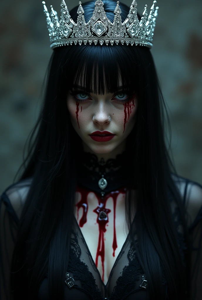 Vampire girl with chocolate brown eyes and long dark brown hair and she doesn't have bangs. She's slightly eerie and against the backdrop of the dark forest. Small eyes and small heart-shaped lips. The girl is covered in blood. It's in the style of goth and tim bertchen.ukiyo-e, anime style, SHE HAS NO BANGS. Covered in blood and looks terrifying. She's pale and about . Anime style ANIME STYLE