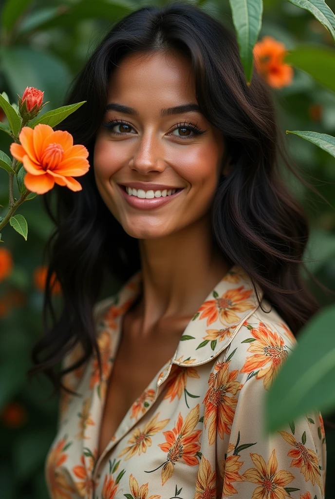 A Brazilian woman in a lush tropical garden, wearing an open shirt with a floral print, with a close-up capturing the harmonious beauty between her breasts and the natural flowers, showing off your natural charm and outgoing personality.
