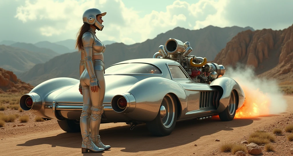 arafed woman in green bodysuit laying on the ground next to a car, still from a music video, epic road - trip in outer space, yoshimi versus the evil robots, die antwoord music video, mars attacks, space age pop, movie still of the alien girl, style = retro-futurism, retro futuristic fashion, as a retro futuristic heroine --auto --s2