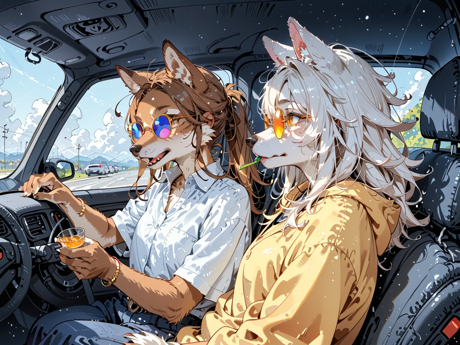 (couple of wolf:1.3),1girl\((wolf:1.4),(kemono),(furry),sunglasses,(driving convertible car)\),1girl\((wolf:1.4),(kemono),(furry),breast,drinking\),.dynamic angle,dynamic blur,dynamic car action,. score_9, score_8_up, score_7_up, score_6_up, score_5_up, score_4_up, source_anime,source_furry,rating_safe,rating_questionable,masterpiece, best quality, perfect anatomy , very aesthetic , absurdres