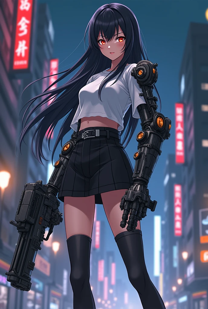(masterpiece, best quality, high resolution, ((huge breasts))1 woman, very short black hair with white, punk style hairstyle, black long-sleeved t-shirt with cyberpunk style skull print, cyberpunk style miniskirt, long black stockings , black gloves, choker, bracelets, long earrings, smile (white background, stickers. Redmond), ((full body standing)),