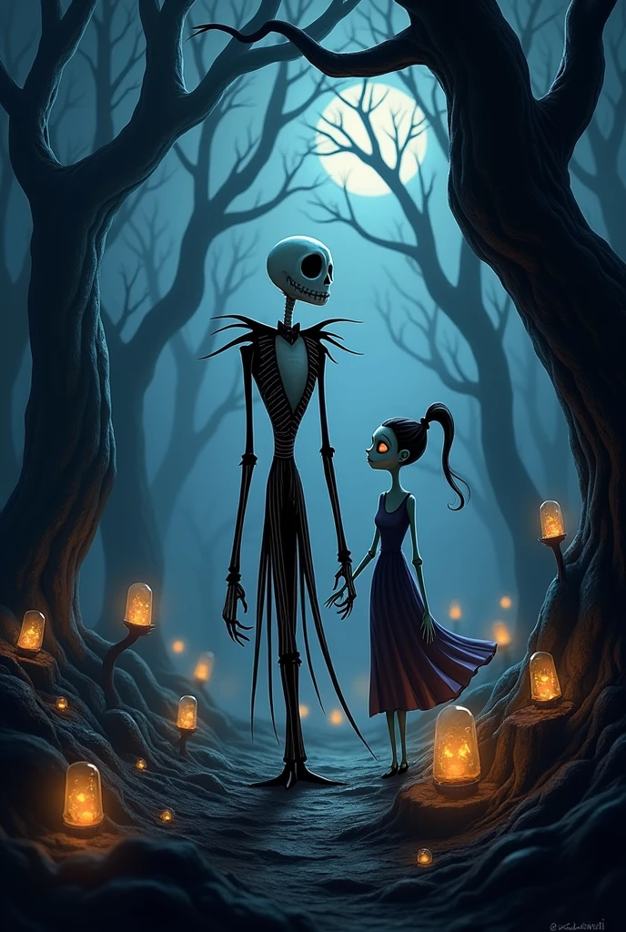 Make a picture with the main characters of the movies: Coraline, ParaNorman,  Bride, Frankenweenie e The Nightmare Before Christmas.
