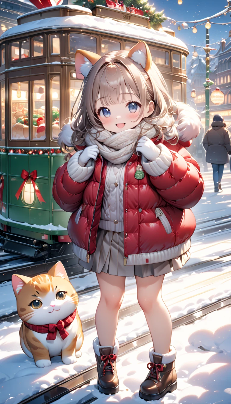 (masterpiece, ultra-detailed, best quality, clear focus, dramatic scene, cinematic), shadow, (ultra-high resolution, 8k), perfect anatomy, perfect face, (detailed face, detailed eye, chibi), cute Japanese chibi girl, famous Japanese chibi idol, very beautiful and cute and cool face, (wearing a casual winter outfit with down jacket, woolen scarf and glove:1.2), (large breasts), long boots, (She is standing in front of a gorgeously Christmas decorated cute tram with a giant fat cat:1.3), at the tram stops, the Christmas gift box and Christmas trees are on the tram, (She is in front of the gorgeously Christmas decorated confectionery shop with Christmas illuminations, snow-covered road, these stores at the street are gorgeously decorated with Christmas decorations, professional lighting, (detailed very cute fluffy giant cat is mewing:1.3), she looks so happy, happy smile