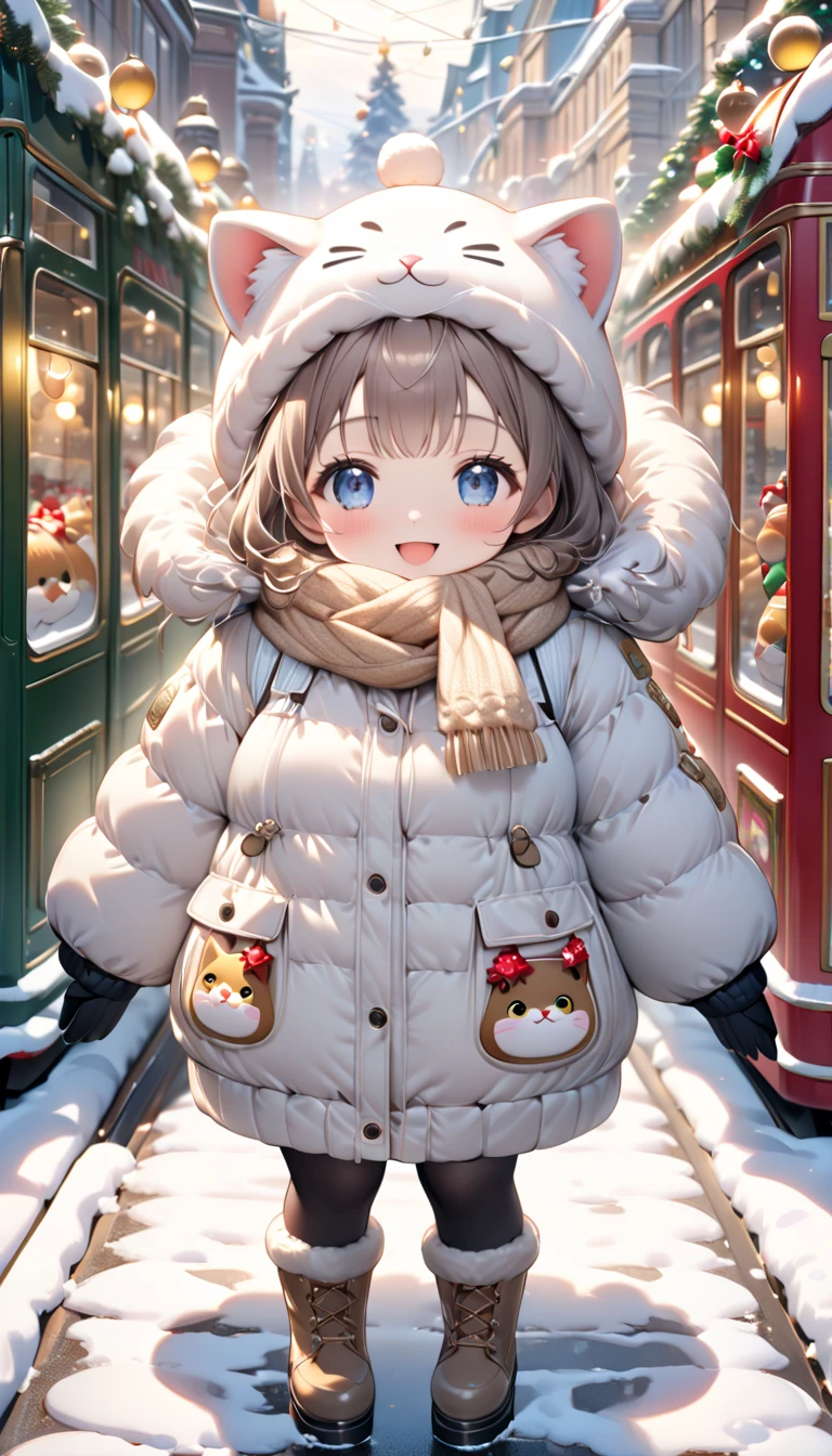 (masterpiece, ultra-detailed, best quality, clear focus, dramatic scene, cinematic), shadow, (ultra-high resolution, 8k), perfect anatomy, perfect face, (detailed face, detailed eye, chibi), cute Japanese chibi girl, famous Japanese chibi idol, very beautiful and cute and cool face, (wearing a casual winter outfit with down jacket, woolen scarf and glove:1.2), (large breasts), long boots, (She is standing in front of a gorgeously Christmas decorated cute tram with a giant fat cat:1.3), at the tram stops, the Christmas gift box and Christmas trees are on the tram, (She is in front of the gorgeously Christmas decorated confectionery shop with Christmas illuminations, snow-covered road, these stores at the street are gorgeously decorated with Christmas decorations, professional lighting, (detailed very cute fluffy giant cat is mewing:1.3), she looks so happy, happy smile