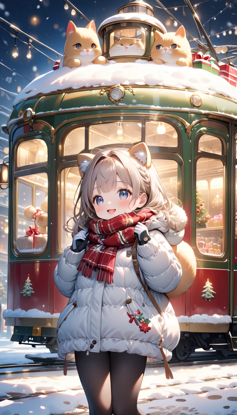 (masterpiece, ultra-detailed, best quality, clear focus, dramatic scene, cinematic), shadow, (ultra-high resolution, 8k), perfect anatomy, perfect face, (detailed face, detailed eye, chibi), cute Japanese chibi girl, famous Japanese chibi idol, very beautiful and cute and cool face, (wearing a casual winter outfit with down jacket, woolen scarf and glove:1.2), (large breasts), long boots, (She is standing in front of a gorgeously Christmas decorated cute tram with a giant fat cat:1.3), at the tram stops, the Christmas gift box and Christmas trees are on the tram, (She is in front of the gorgeously Christmas decorated confectionery shop with Christmas illuminations, snow-covered road, these stores at the street are gorgeously decorated with Christmas decorations, professional lighting, (detailed very cute fluffy giant cat is mewing:1.3), she looks so happy, happy smile