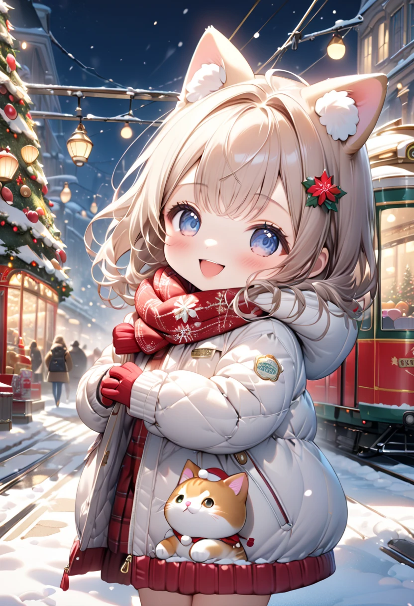 (masterpiece, ultra-detailed, best quality, clear focus, dramatic scene, cinematic), shadow, (ultra-high resolution, 8k), perfect anatomy, perfect face, (detailed face, detailed eye, chibi), cute Japanese chibi girl, famous Japanese chibi idol, very beautiful and cute and cool face, (wearing a casual winter outfit with down jacket, woolen scarf and glove:1.2), (large breasts), long boots, (She is standing in front of a gorgeously Christmas decorated cute tram with a giant fat cat:1.3), at the tram stops, the Christmas gift box and Christmas trees are on the tram, (She is in front of the gorgeously Christmas decorated confectionery shop with Christmas illuminations, snow-covered road, these stores at the street are gorgeously decorated with Christmas decorations, professional lighting, (detailed very cute fluffy giant cat is mewing:1.3), she looks so happy, happy smile