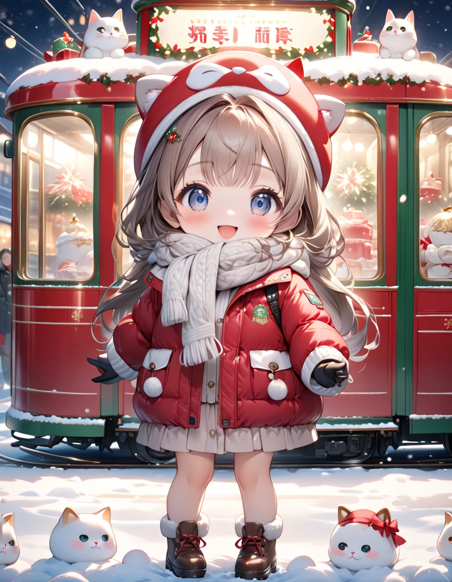 (masterpiece, ultra-detailed, best quality, clear focus, dramatic scene, cinematic), shadow, (ultra-high resolution, 8k), perfect anatomy, perfect face, (detailed face, detailed eye, chibi), cute Japanese chibi girl, famous Japanese chibi idol, very beautiful and cute and cool face, (wearing a casual winter outfit with down jacket, woolen scarf and glove:1.2), (large breasts), long boots, (She is standing in front of a gorgeously Christmas decorated cute tram with a giant fat cat:1.3), at the tram stops, the Christmas gift box and Christmas trees are on the tram, (She is in front of the gorgeously Christmas decorated confectionery shop with Christmas illuminations, snow-covered road, these stores at the street are gorgeously decorated with Christmas decorations, professional lighting, (detailed very cute fluffy giant cat is mewing:1.3), she looks so happy, happy smile