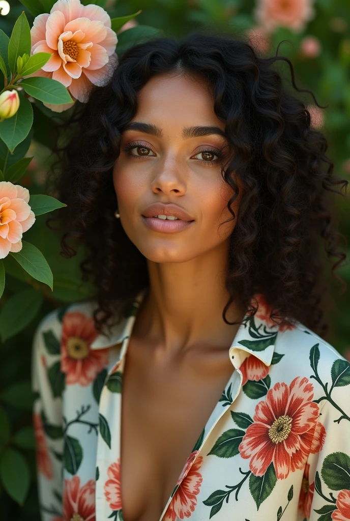 A Brazilian woman in a lush tropical garden, wearing an open shirt with a floral print, with a close-up capturing the harmonious beauty between her breasts and the natural flowers, showing off your natural charm and outgoing personality.