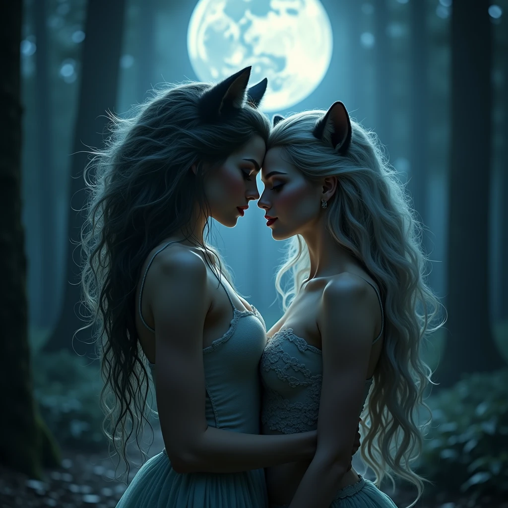 Brunette Woman (Detailed): A brunette woman with straight, jet-black hair of ultra-fine quality, cascading down her shoulders, is lovingly stroking the head of a black and silver-brown wolf. The woman is nestled within a dense, lush forest at night, with the silhouette of towering trees surrounding her. The moon, a beautiful 4K image of distinct clarity, casts its soft, radiant light upon her face, illuminating her expressive features. The woman's eyes reflect the light, mirroring the serene beauty of the moonlit night. The wolf, with its luxurious black and silver fur, is a breathtaking sight