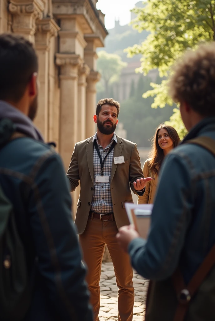 A photo of a tour guide speaking to a group of tourists with a speech bubble showing an explanation of a landmark.