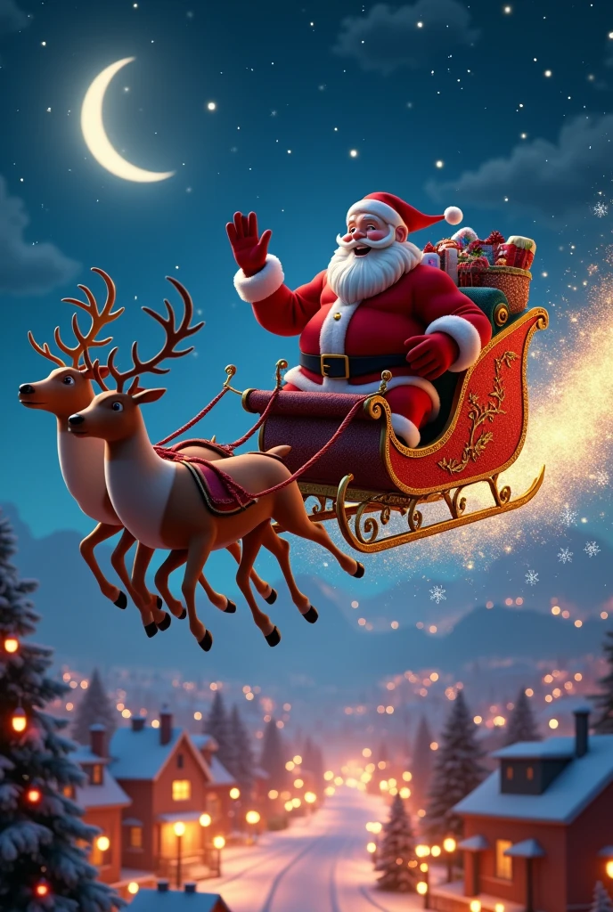 highly detailed, dynamic, cinematic, stunning, realistic lighting and shadows, vivid, vibrant, octane rendering, Unreal Engine, highly detailed, concept art, realistic, cry engine, (dramatic, grainy, intense: 1.4), highest quality, 32k uhd, incredibly detailed, intricately detailed, ultra detailed, ultra high quality, high detail, ultra detailed, masterpiece, A magical 3D Disney-style animation scene of (huge muscular Santa Claus) riding his sleigh, pulled by eight majestic reindeer, soaring high across a starry Christmas Eve sky. huge muscular Santa, dressed in his classic red suit and hat, waves cheerfully as he prepares to deliver presents to ren around the world. The sleigh sparkles with golden magic dust trailing behind, adding a whimsical glow to the scene. Below, a picturesque town is beautifully decorated with festive Christmas lights, with rooftops and trees shimmering in warm colors. The streets are bustling with tiny glowing details of families celebrating indoors. The night sky is deep blue, dotted with twinkling stars and the soft glow of a crescent moon, creating a sense of wonder and warmth. The style is vibrant and colorful, capturing the charm and magic of a Disney animated holiday story.
