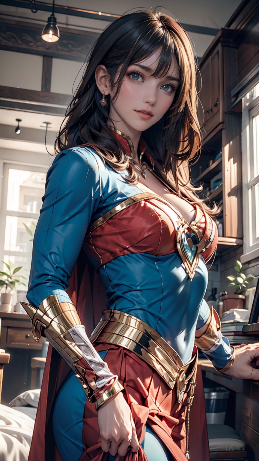 photorealistic, high resolution, soft light,1women, solo, hips up, (detailed face), jewelry, superman clothing, bodysuits, cloak,huge