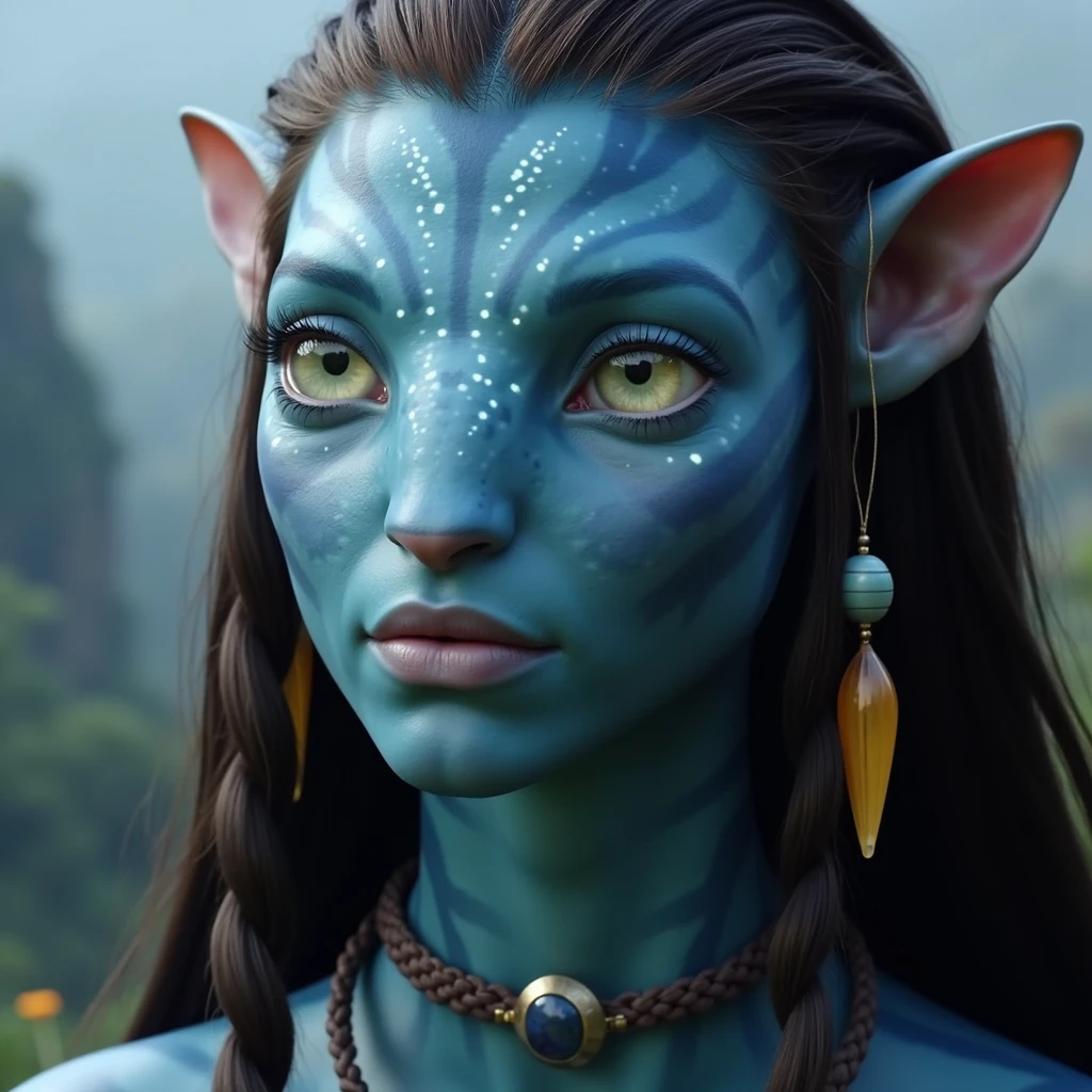 na'vi, na'vi race, avatar, pale teal blue skin, dark brown hair, blue eyes, straight brown hair with bangs, long bangs, bangs covering eyebrows