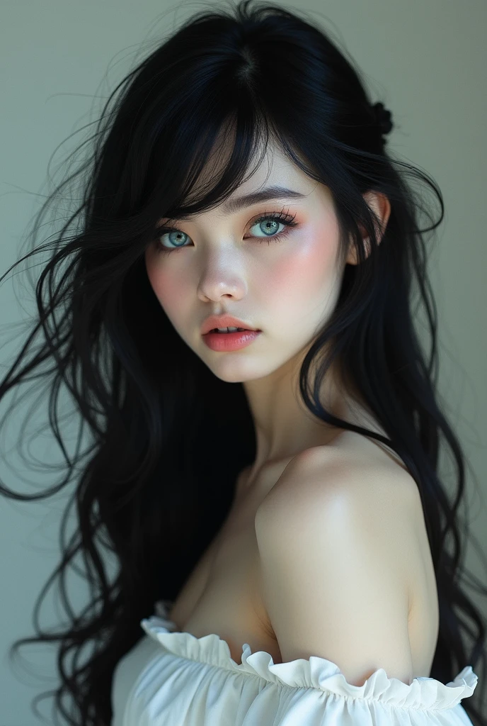 best quality, masterpiece, (lifelike:1.4), 1 17 year old girl, A faint smile, Dark green hair,Black lace leggings,Nipple protrusion,Wet,A lot of sweat,Marks,/Upscale,Height 175cm,Natural beautiful face,slim body,Pure white background,Fair and rosy skin,Messy Curls