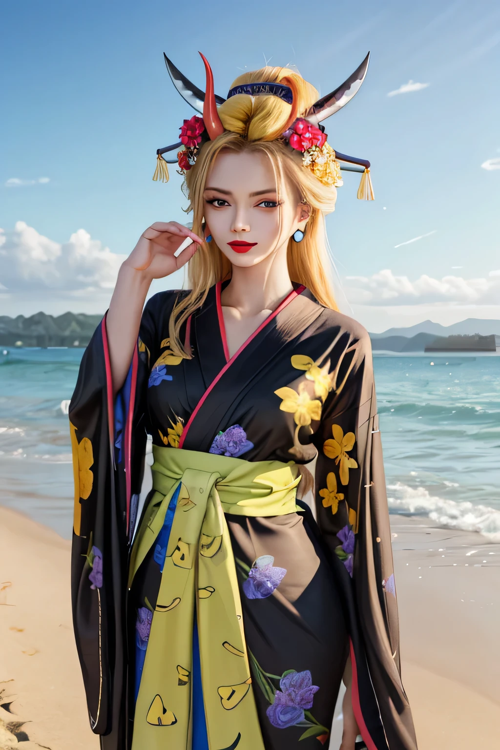 (masterpiece, highest quality:1.2), alone, One girl, Black Maria, lipstick, Recall, Beautiful eyes, A faint smile Hairpin, Hair Flowers, horn, V-shaped eyebrows, kimono, Black kimono, little Yellow and blue flower pattern kimono, Earrings, Tempt, in beach