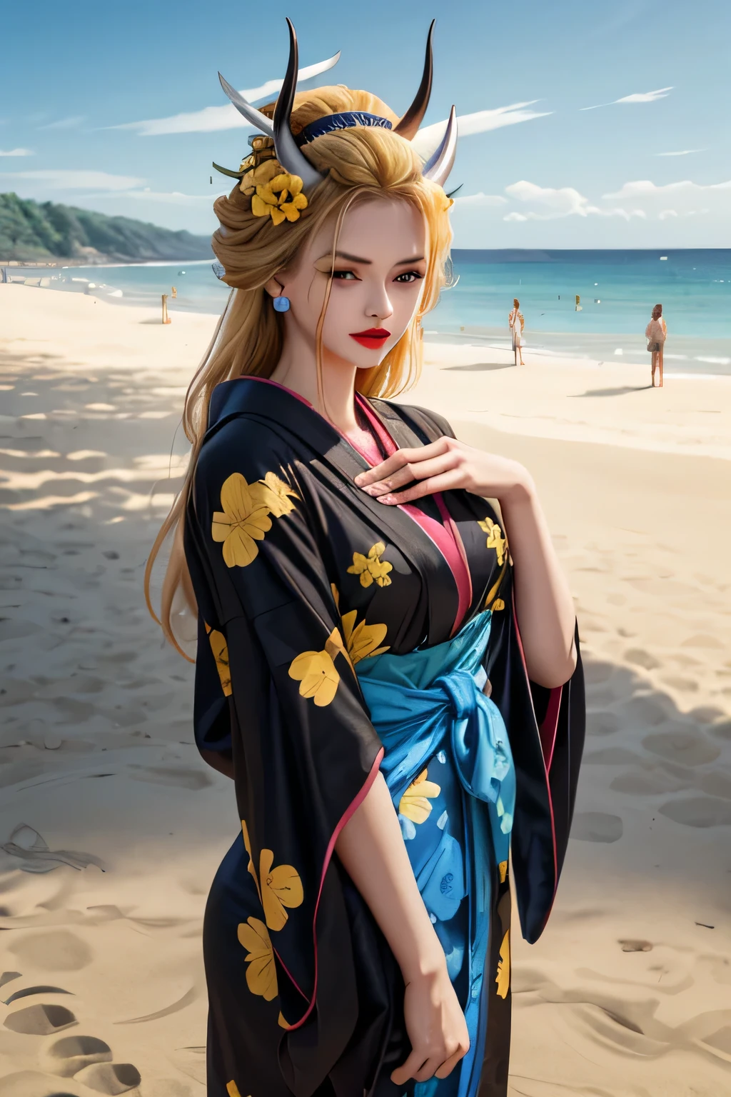 (masterpiece, highest quality:1.2), alone, One girl, Black Maria, lipstick, Recall, Beautiful eyes, A faint smile Hairpin, Hair Flowers, horn, V-shaped eyebrows, kimono, Black kimono, little Yellow and blue flower pattern kimono, Earrings, Tempt, in beach