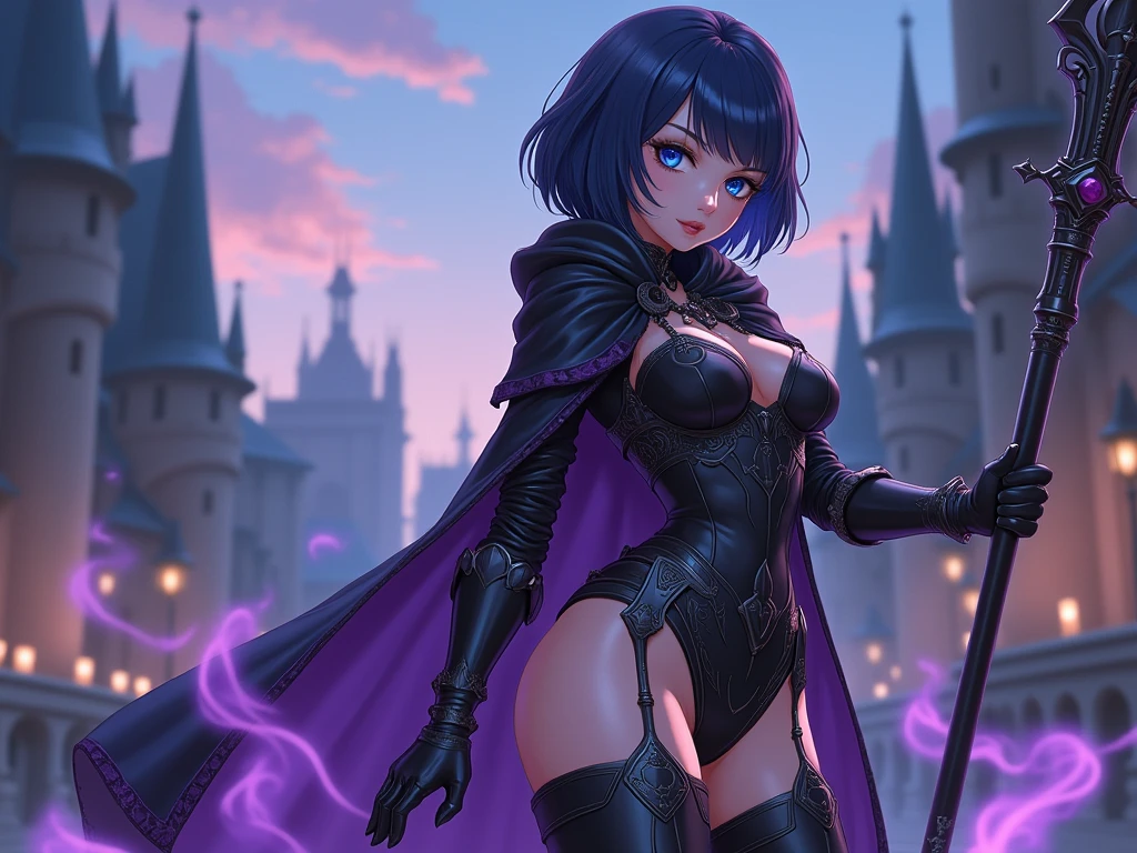 (Best Quality, (High resolution:1.2), Ultra-detailed, Realistic portrait, female necromancer, long black cloak, beautiful face, dark background, cemetery, depth of field, short black and purple hair, night time, full body, mini skirt, black stockings, lace lingerie