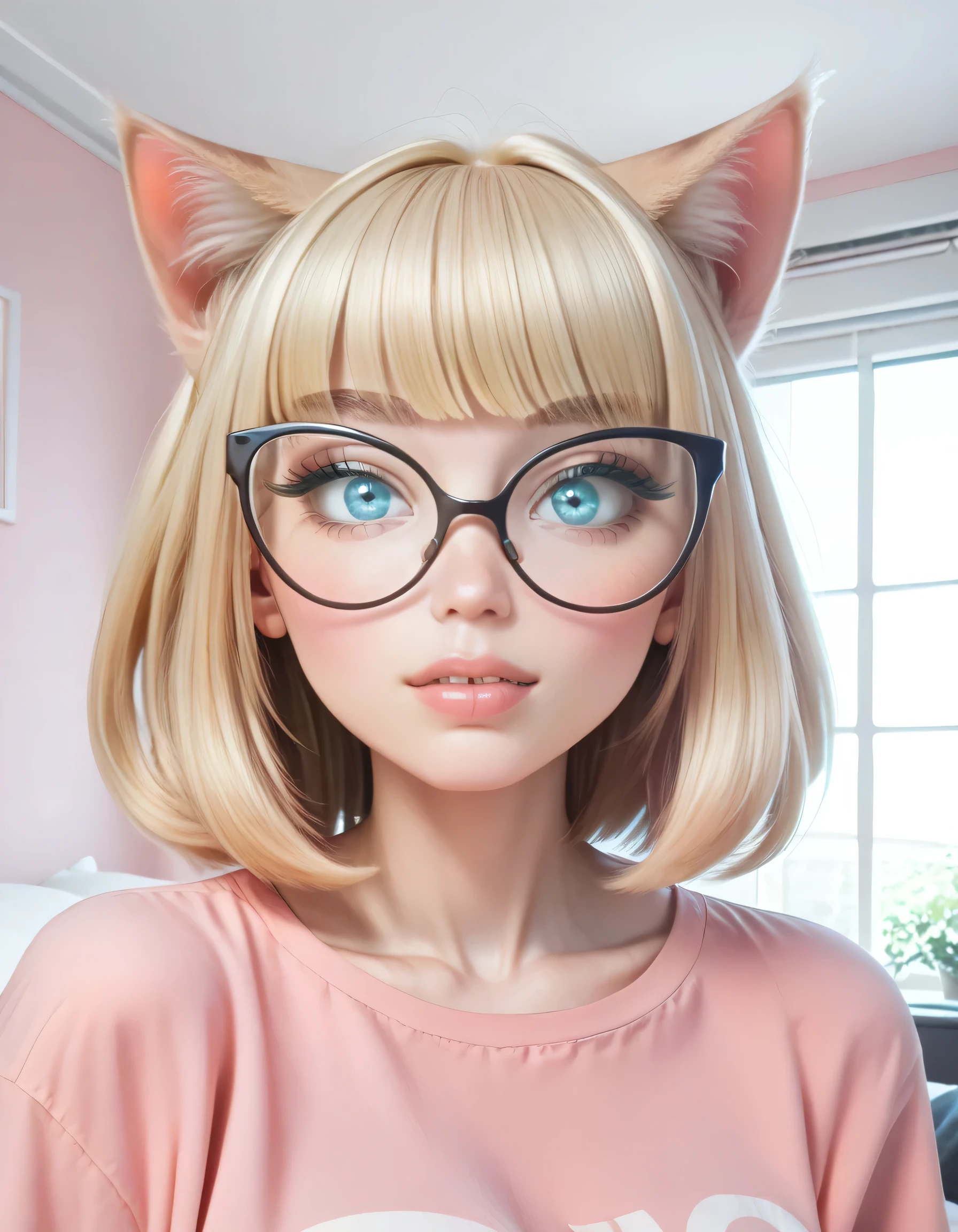 Hd, high quality, blonde bangs, (high quality faces), adorable teenage schoolgirl, slim, (((black oversized cat-eye glasses))), (((huge breasts))), pink and white bodysuit, expressive blue eyes, bedroom