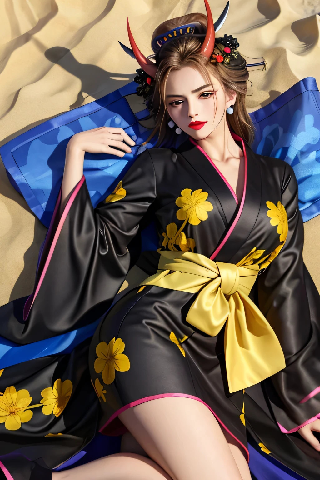 (masterpiece, highest quality:1.2), alone, One girl, Black Maria, lipstick, Recall, Beautiful eyes, A faint smile Hairpin, Hair Flowers, horn, V-shaped eyebrows, kimono, Black kimono, little Yellow and blue flower pattern kimono, Earrings, Tempt, in beach