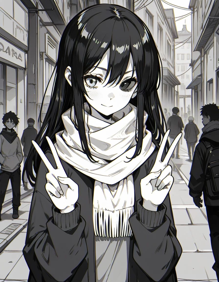 score_9,score_8_up,score_7_up,score_6_up,score_5_up,highres, comic,((monochrome,greyscale)),manga, 1femboy,very long hair, black hair,double v, gentle smile,haori,scarf,street,stealth, (heterochromia), elegance, small height,cute,adorable