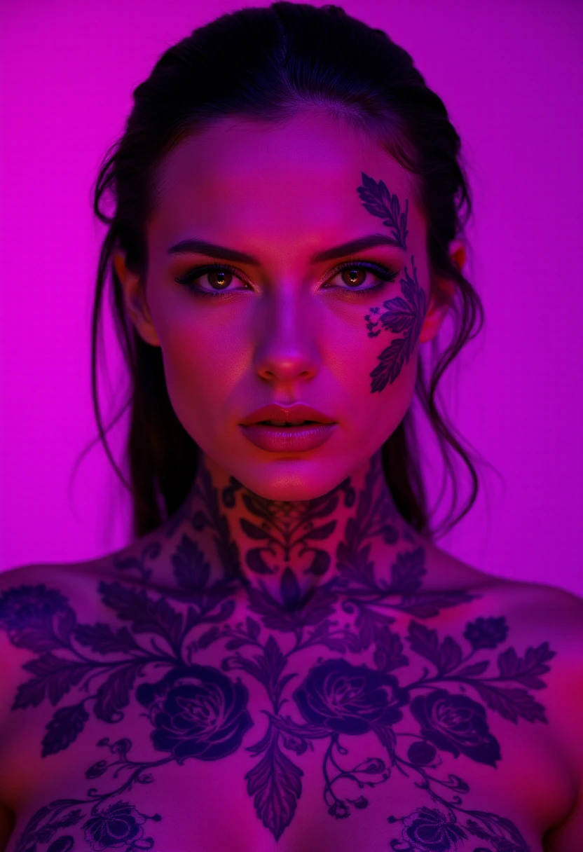 A close-up portrait of a woman with elaborate face and body tattoos, bathed in vibrant, contrasting shades of magenta and deep purple, mimicking neon lighting, with a focus on intricate floral and stylized designs.  The skin textures and tattoo details should be highly detailed and realistic.