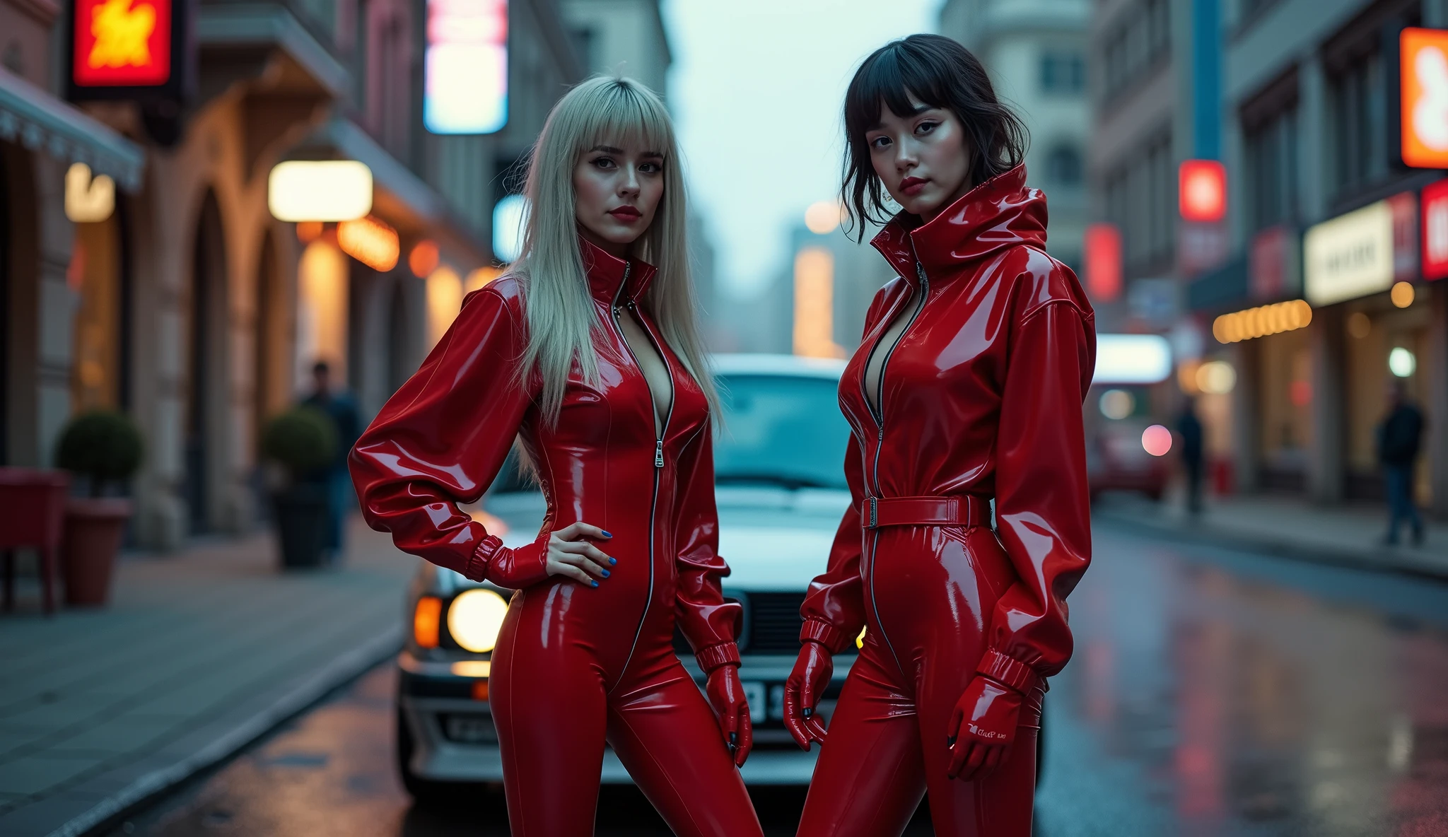 Pretty Luxury elegant devil girls kissing each other dressed louis vuitton red trench coat ((long coat)) with super high up collar, (((high collar))) sunglasses, gloves, long boots, red lips, dominatrix, cruel, sadistic, discipline, dominance, sadism, masochism, female supremacy , wearing sunglasses, sex in lux car (queen car),  (dark and light:1.2) modern, perfect body, safe for work