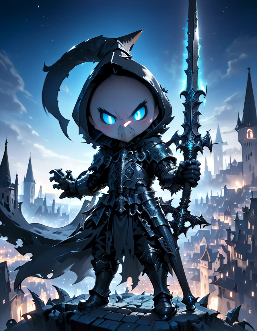 cute cartoon Male assassin with giant scythe, hood, black armor, on top of a tower with a moonlit medieval city in the background (showing from the waist up)