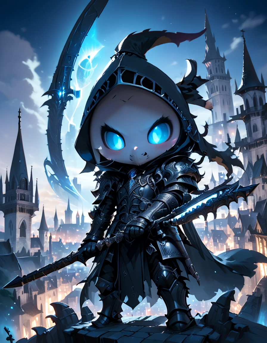 cute cartoon Male assassin with giant scythe, hood, black armor, on top of a tower with a moonlit medieval city in the background (showing from the waist up)