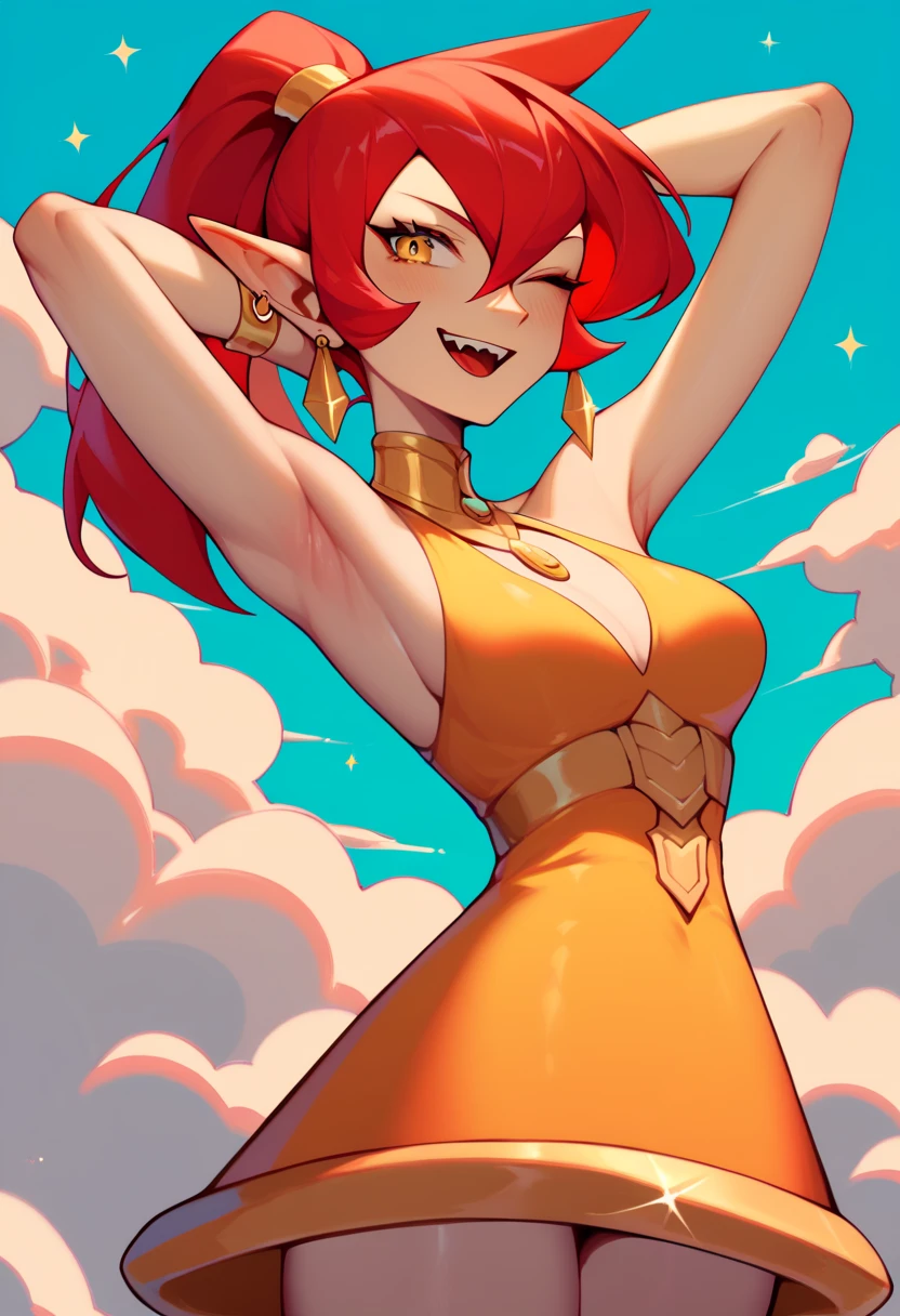 Mars, red nails, red hair, yellow eyes, gold earings, orange night dress, showing leg, gold brasalet, winking one eye, showing armpit, shwoing boobies, round ears, ponytail hair style