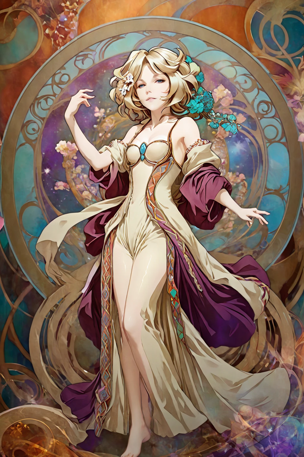 (Carol Malus Dienheim,senkizessyo symphogear),(braid long blondhair),One Girl,Pale skin,naked,(full length),Five fingers,Perfect hands,Masterpiece, Superior Quality, Tarot, Bard, Court Fool, Symbolism, Visual Arts, Occult, Universal, Vision Casting, Philosophy, Iconography, Numerology, Popularity, Arts, Alphonse Mucha,(alphonse mucha style background),