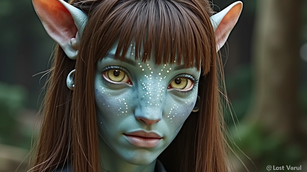 na'vi, na'vi race, avatar, pale teal blue skin, dark brown hair, blue eyes, straight brown hair with bangs, long bangs