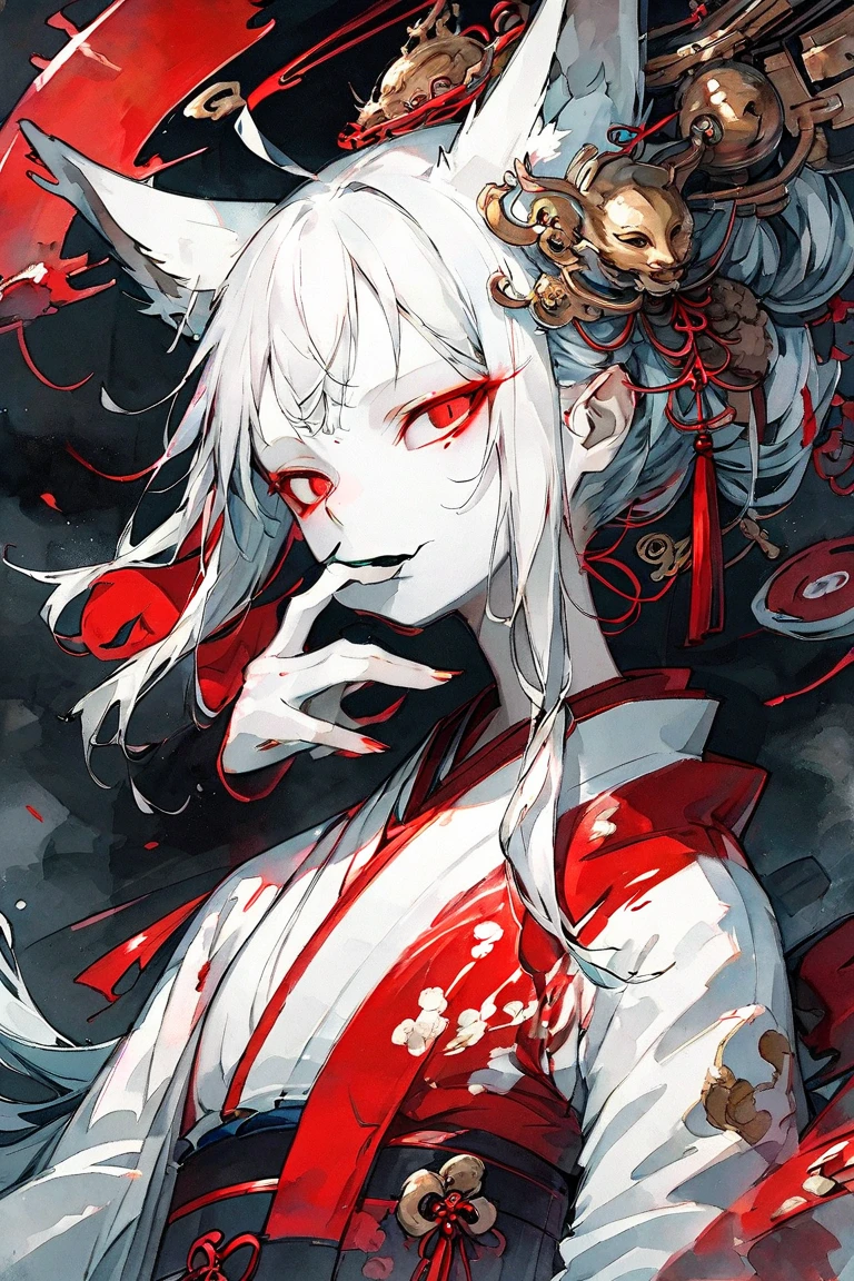  Masterpiece,   maximum resolution  ,  top quality ,  detailing ,  , art, Watercolor style,   Japanese yogi , ((The nine-tailed fox )),  fox transformed into a human, White skin,  Small slender eyes with bright red eyeliner , Silver hair, Long hair,  fox ears popping out of head ,   white and red kimono,  Cool beauty ,  holding a large fan to cover the mouth , midnight,  Traditional Japanese house behind , 4K graphics .