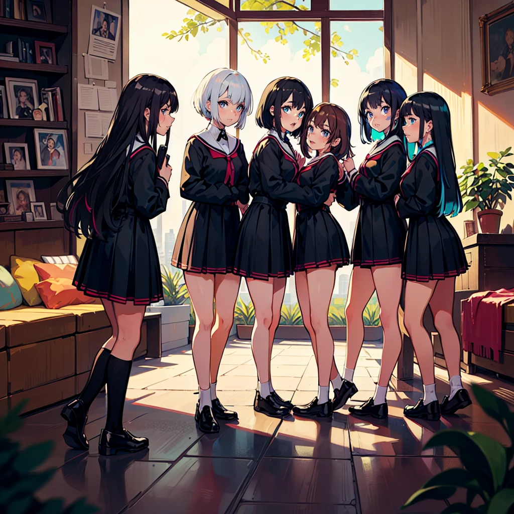(masterpiece), highest quality, (colorful:1.1), (5 girls, group photo:1.4), (Because I'm slender:1.4), (Huge:1.6),(Huge:1.4), (big:1.8), (length:1.8),(Saggy:1.8), (black skin:1.1), blonde hair, silver hair, twin tails, Braid, amount, (leaning forward:1.4), (Happy smiling face with open mouth:1.1), ( wink:1.2),peace sign, (stars and stripes bikini, micro bikini:1.1), cowboy shot, (classroom:1.1),