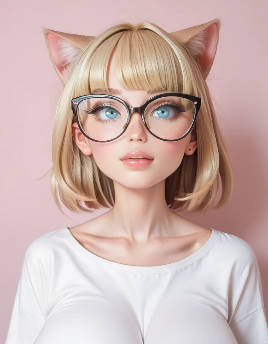 Hd, high quality, blonde bangs, (high quality faces), adorable teenage schoolgirl, slim, (((black oversized cat-eye glasses))), (((huge breasts))), pink and white bodysuit, expressive blue eyes, bedroom