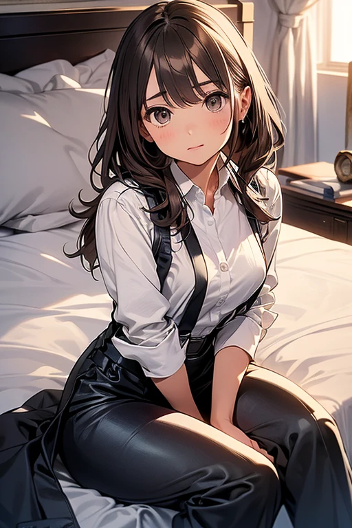 finest, masterpiece, High resolution, (Full body view from head to toe), front, frontやや下からの構図, Symmetrical, 18 year old tall girl, alone, (whole body from head to toe), small breasts, brown hair, slightly messy hair, long hair, bangs, (black tights), ( (black pantyhose), black pantyhose, sitting with legs spread in the bedroom, (M-shaped legs), show me your white panties, Slender legs, A very beautiful and tall 18 year old girl, (not wearing shoes), blush, shy big eyes, messy hair, looking at camera, Blazer uniform appearance、Checkered pleated skirt