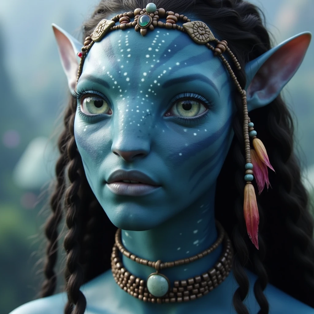 na'vi, na'vi race, avatar, pale teal blue skin, dark brown hair, blue eyes, straight brown hair with curtain bangs, long bangs